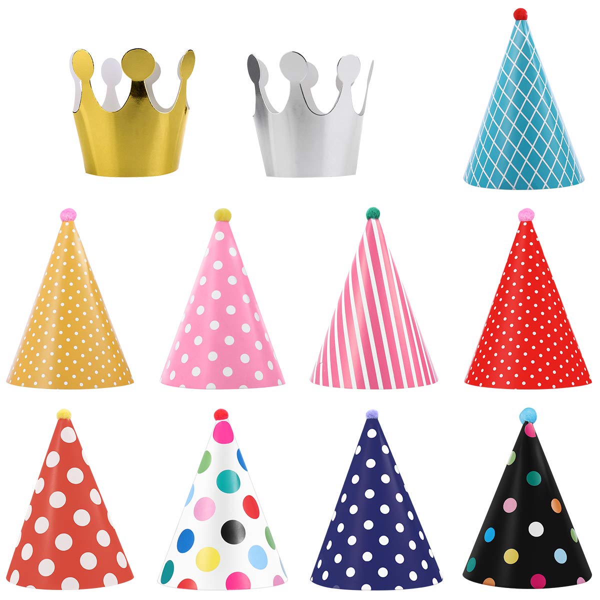 NUOLUX 11pcs Party Hats Lovely Cake Cone Birthday Paper Hats with Pom Poms