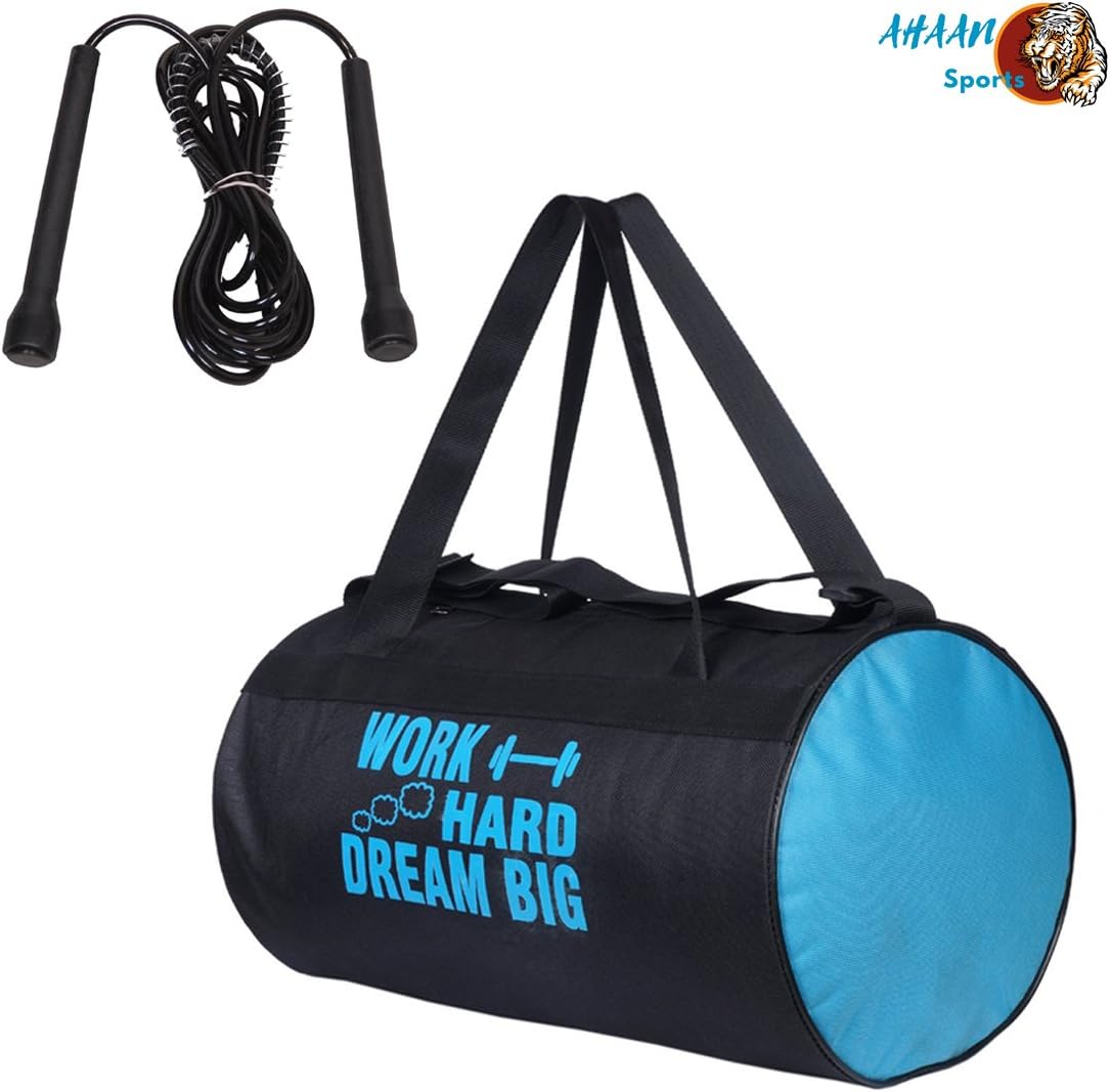 Ahaan Sports Polyester Black-Sky Blue Sports Duffle !! Bonus Free Black Pencil Skipping Rope