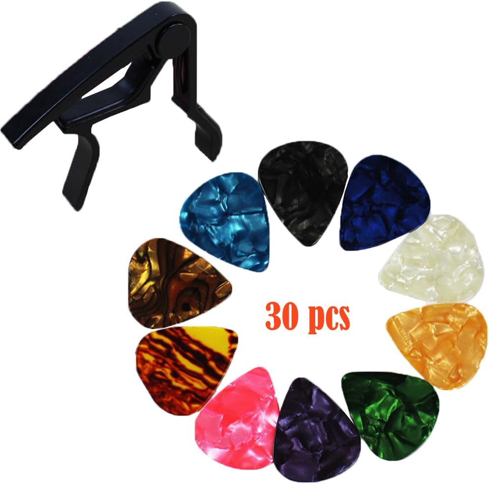 30pcs Guitar Picks, Guitar Plectrums Celluloid Pick for Electric, Acoustic,or Bass Guitar including 0.46mm 0.71mm 0.96mm with Trigger Capo for Electric and Acoustic Guitars in Black (Multi)