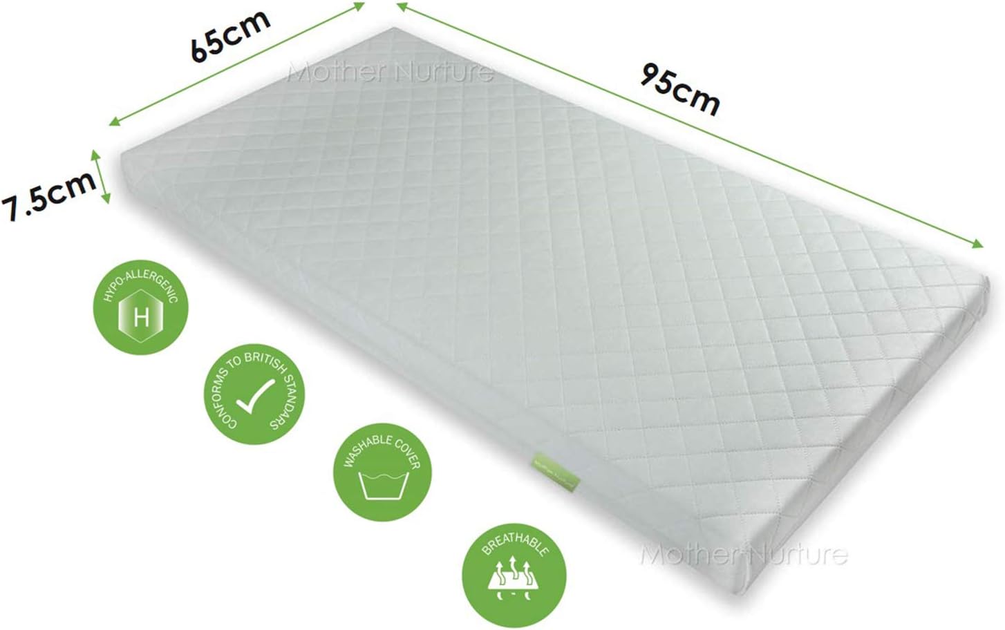 Mother Nurture Classic Foam Travel Cot Mattress, White, 95 x 65 x 7.5cm