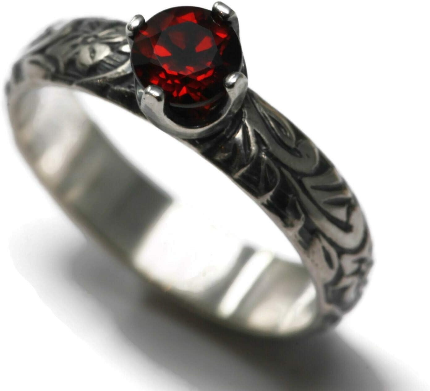 5mm AA Grade Red Garnet Ring Flower Vine Pattern Vintage Silver