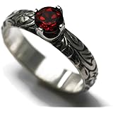 5mm AA Grade Red Garnet Ring Flower Vine Pattern Vintage Silver