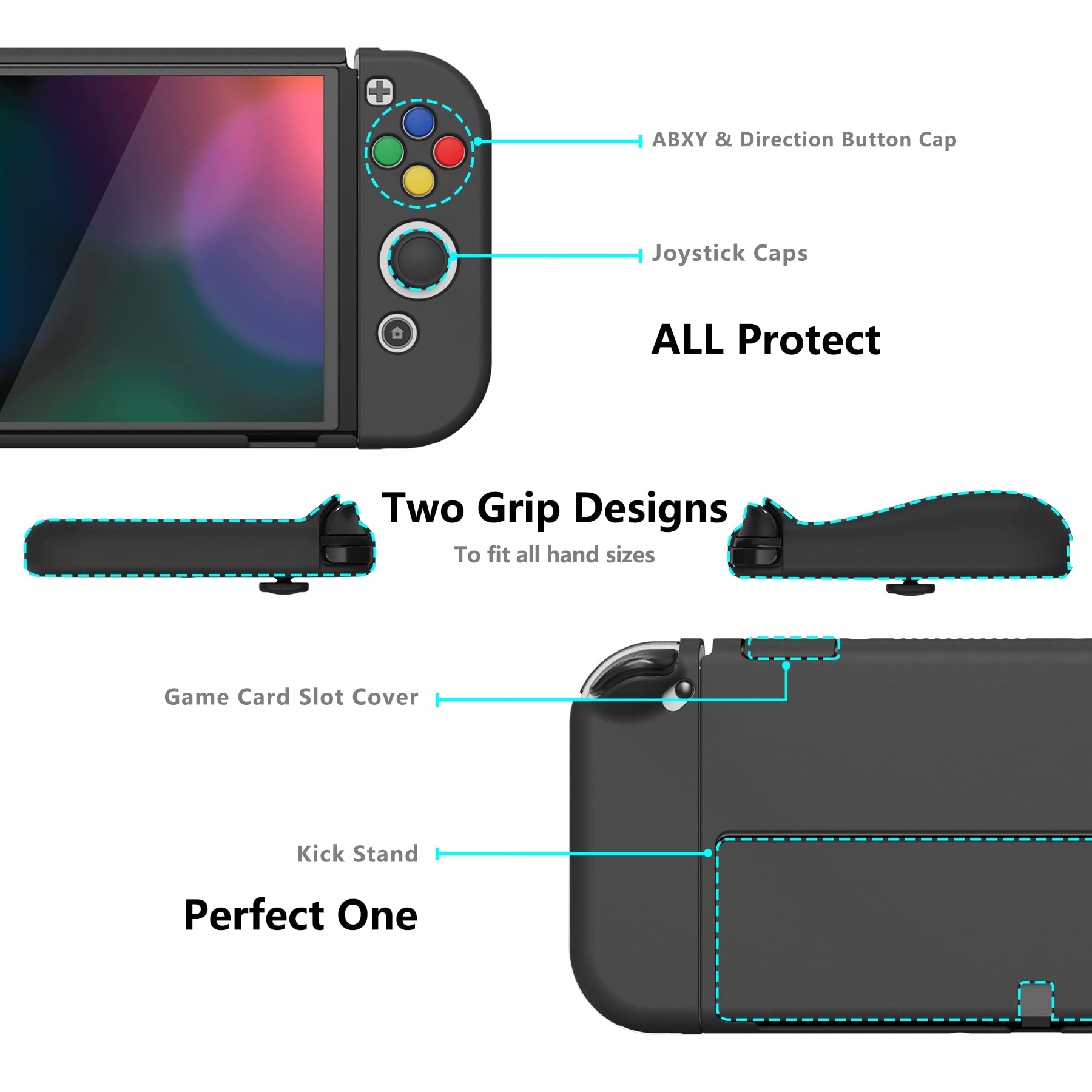 PlayVital AlterGrips Protective Slim Case for Nintendo Switch OLED, Ergonomic Grip Cover for Joycon, Dockable Hard Shell for Switch OLED w/Thumb Grip Caps & Button Caps