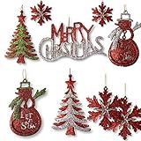 BANBERRY DESIGNS Silver, Red and Green Glitter Ornaments - Set of 13 Glittered Christmas Ornaments - Snowmen, Merry Christmas, Xmas Tree and Snowflakes Included - Christmas Decorations