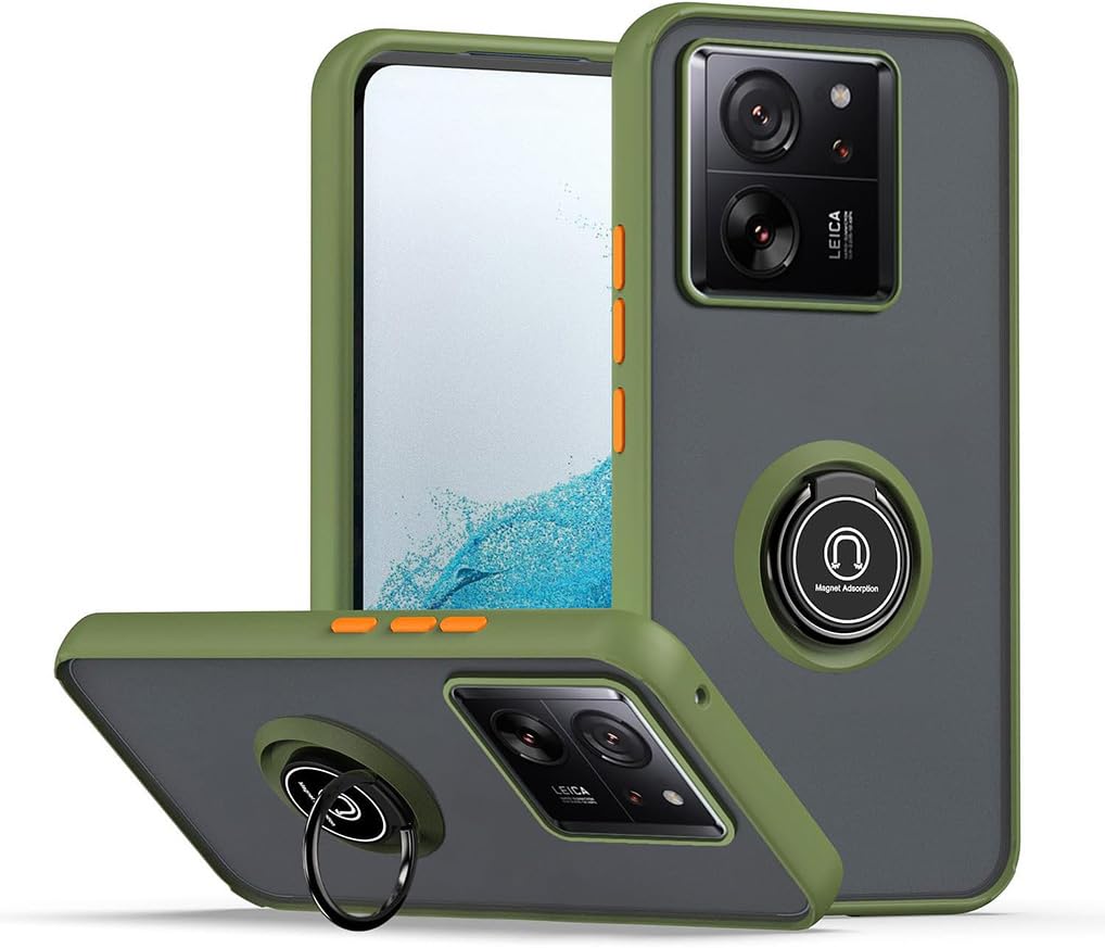 SEAHAI Case for Xiaomi 13T 5G / Xiaomi 13T Pro 5G, Ultra Thin Hard Translucent PC Matte Back Soft TPU Silicone Dual Layer Hybrid Shockproof Cover, with Ring Holder Kickstand, Army green