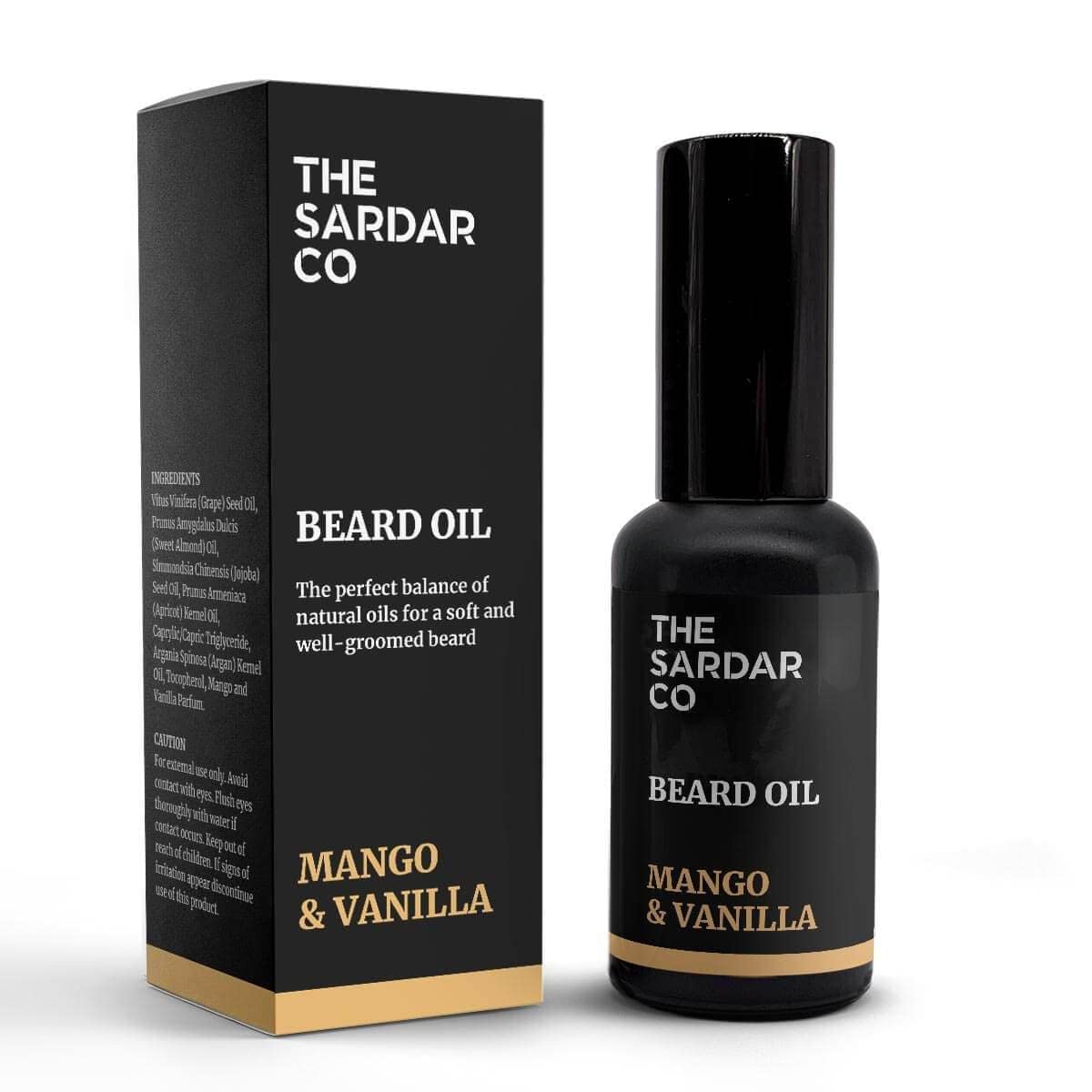 THE SARDAR CO Mango & Vanilla Beard Oil – Hydrate & Condition – Organic Argan & Jojoba for Growth, Softness & Nourishment – Long-Lasting Fruity Scent – 30ml