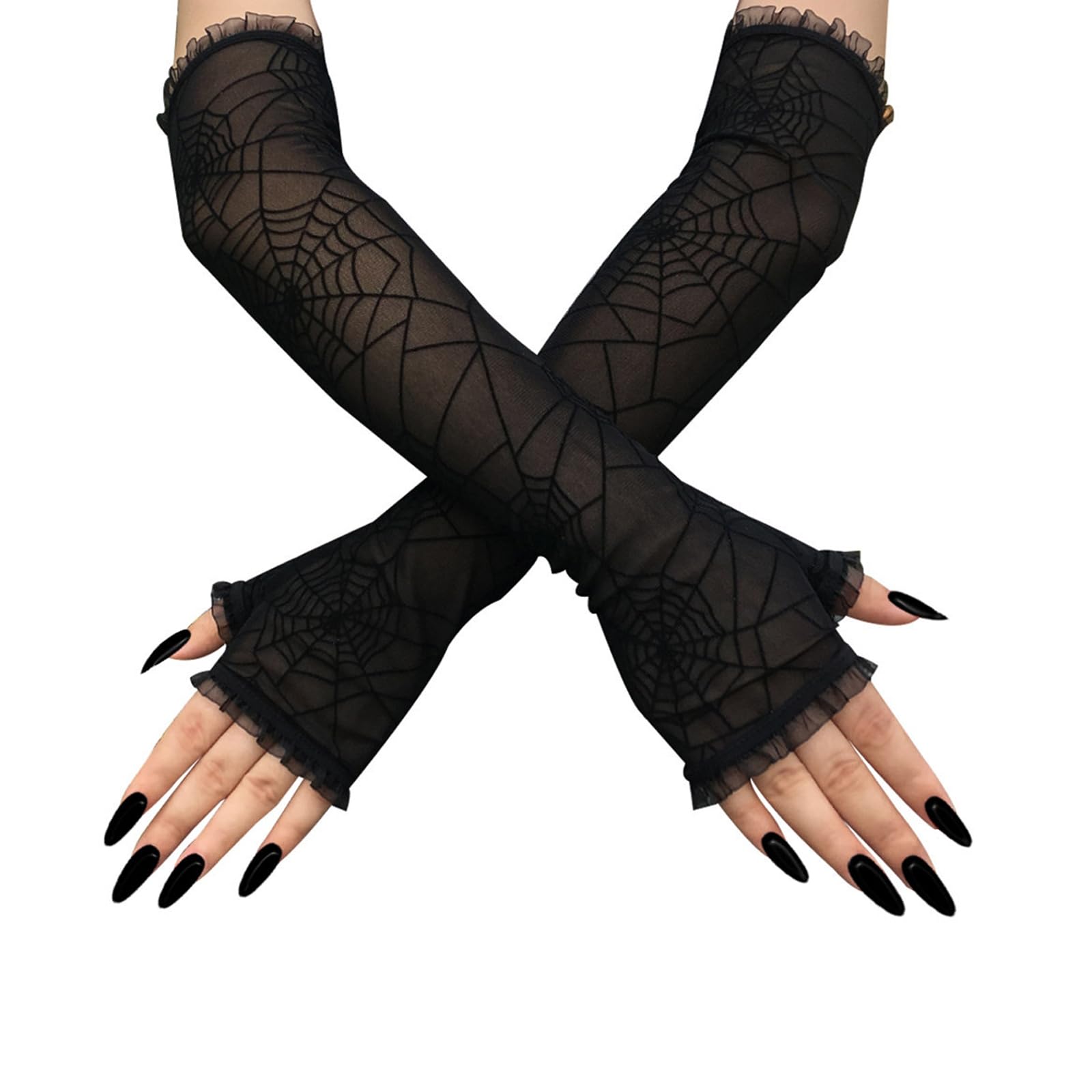 YAMEIZE Fingerless Web Lace Glove Gothic - for Women Gothic Fingerless Gloves for Halloween Costume Party