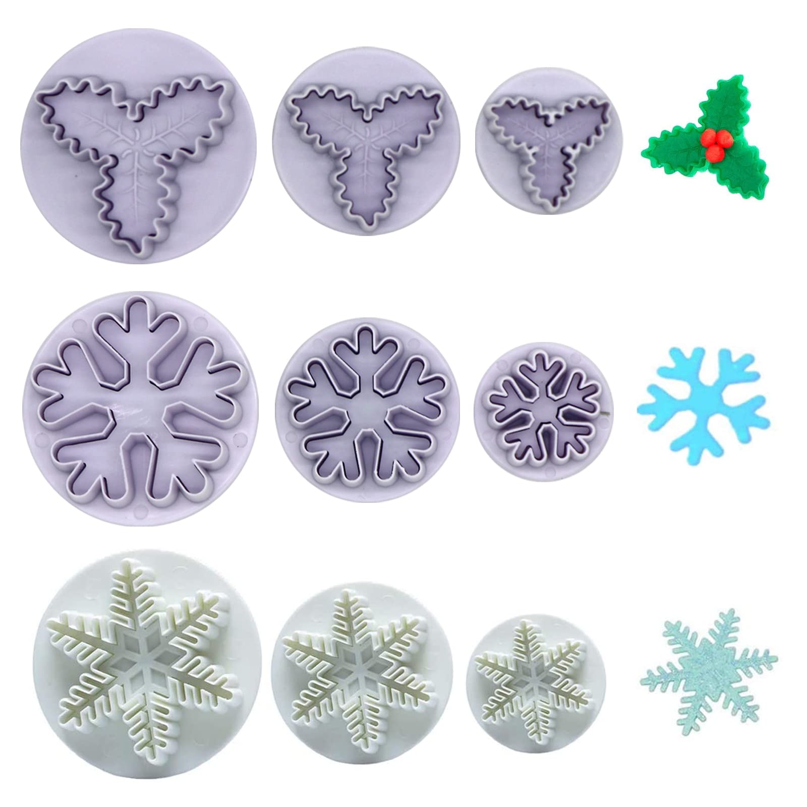 Christmas Cake Decorating Tools, 9Pcs Christmas Plunger Cookie Cutters Snowflake Cake Plunger Cutter, Christmas Holly Leaves Cookie Cutter Snowflake Cake Decorating Tools for Baking,Cake Decorations