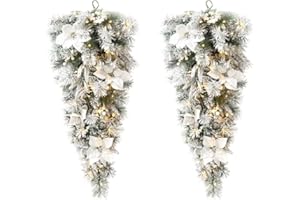 Glitzhome 2Pcs 3ft Pre-Lit Flocked Greenery Pine White Poinsettia and Berries Christmas Teardrop with 50 Warm White Lights and Timer, Three Function