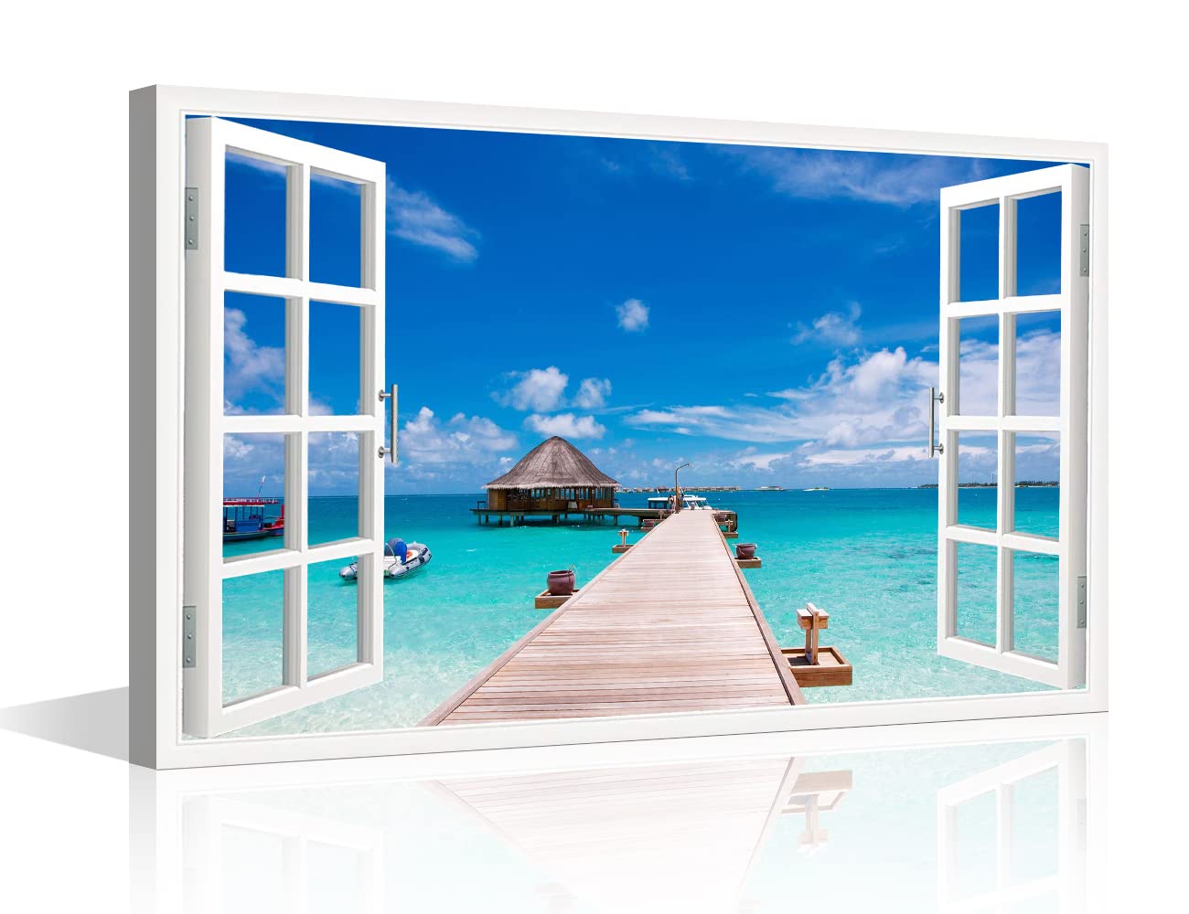 Window View Wall Decorations for Living Room Canvas Wall Art Pier to Tropical Island Vacation Getaway Outdoor Natural Scenery Canvas Wall Art Modern Home Decor Framed Ready to Hang (24"W x 16"H) — image 1