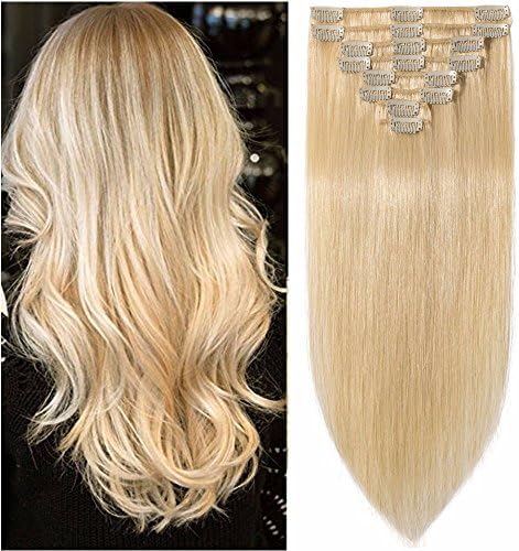 Standard Weft 22 Inch 110g Clip in 100% Real Remy Human Hair Extensions 8 Pieces 18 Clips #613 Bleach Blonde