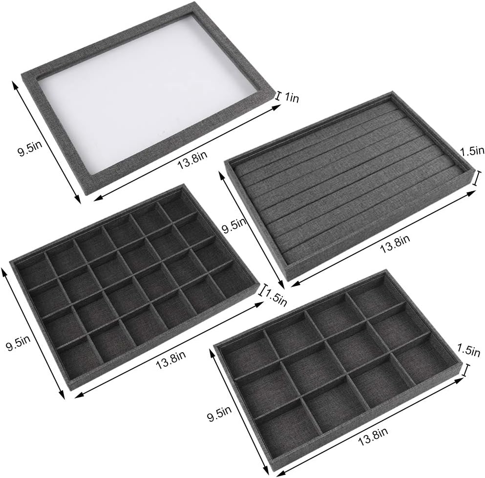 Mebbay Sackcloth Stackable Jewelry Trays Organizer Set with Clear Lid, Jewelry Storage Display Trays for Drawer, Earring Necklace Bracelet Ring Organizer - Set of 4 (Grey-Black): Home & Kitchen