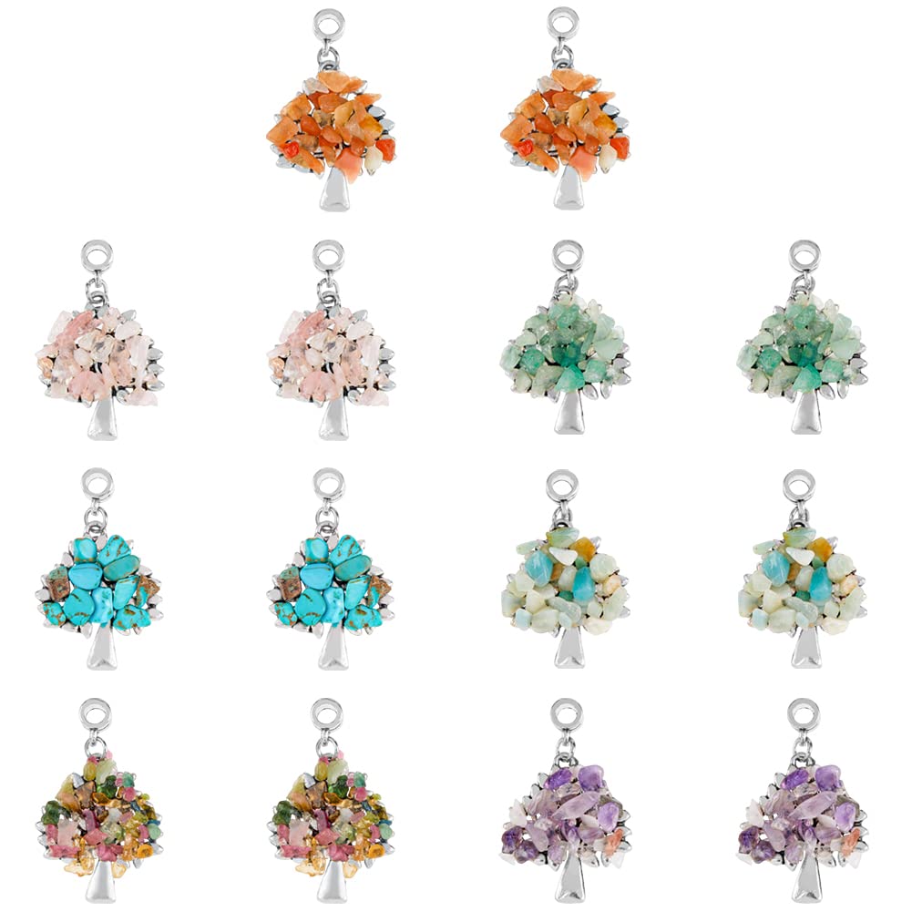 SUPERFINDINGS 28Pcs 7 Styles Tree of Life Charm European Dangle Charms Crystal Gemstones Stone Pendants Chakra Stones Pendants Natural Gemstones Chip Beads Charm for DIY Jewelry Making,Hole:4~4.5mm