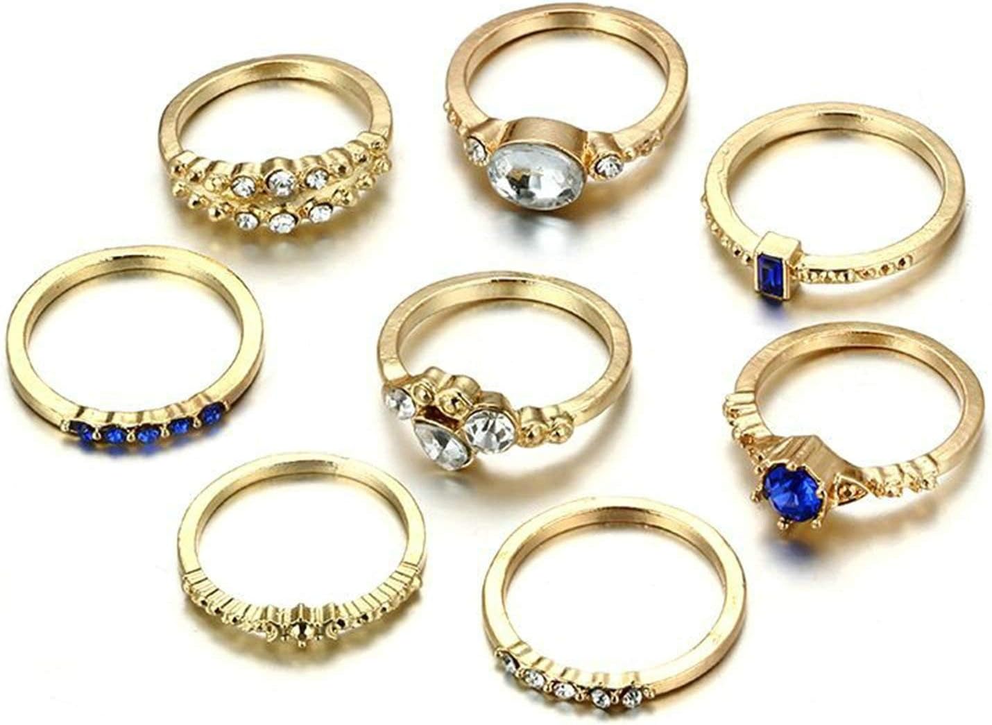 Aooaz Women's Ring Gold Plated Base Rings Blue White Teardrop Cubic Zirconia Rings Set Gold Vintage