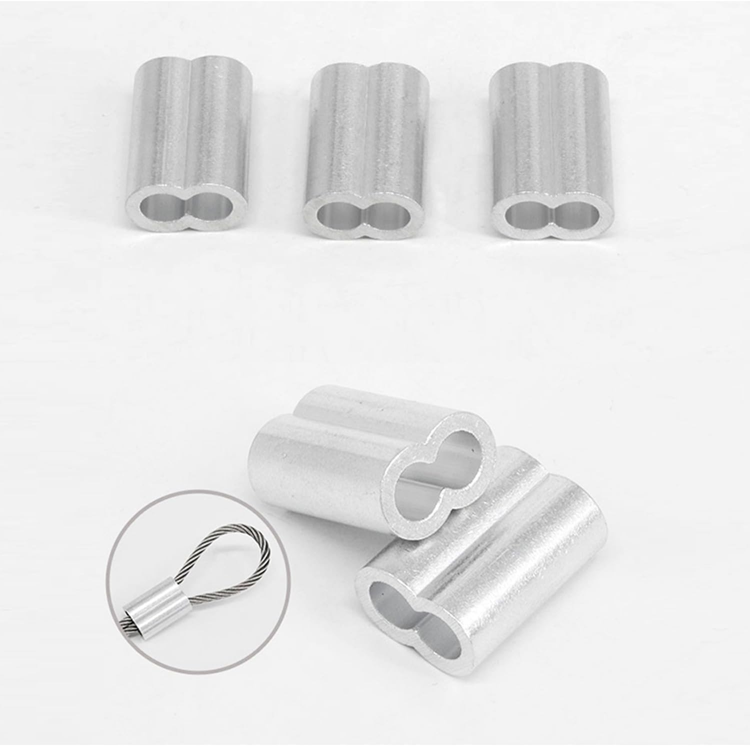 thumbnail image 2 of 100pcs Aluminum Crimping Loop Sleeves For 1.0mm Cable/Wire Rope - Silver Ferrules & Clips 2 of 9