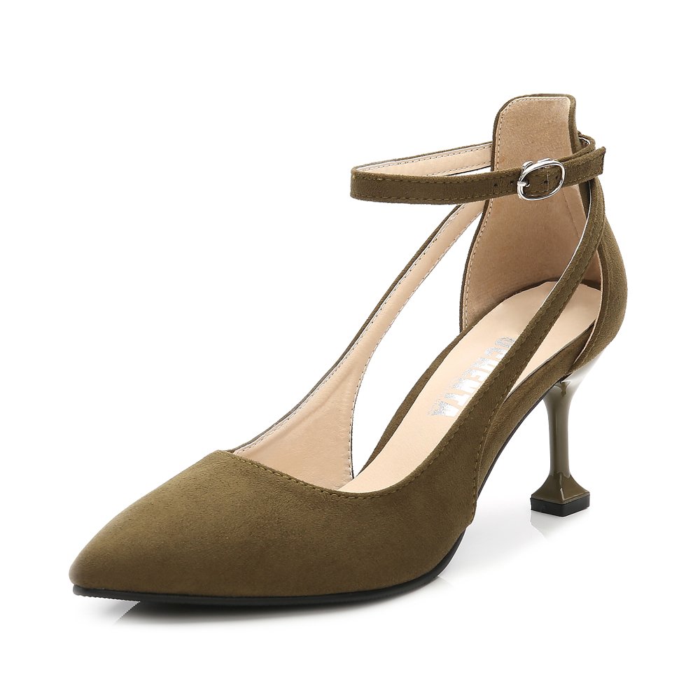 OCHENTA Women's Pointed Toe Ankle Strap Kitten Mid Heel Pumps Velvet Army Tag 42 - US 9