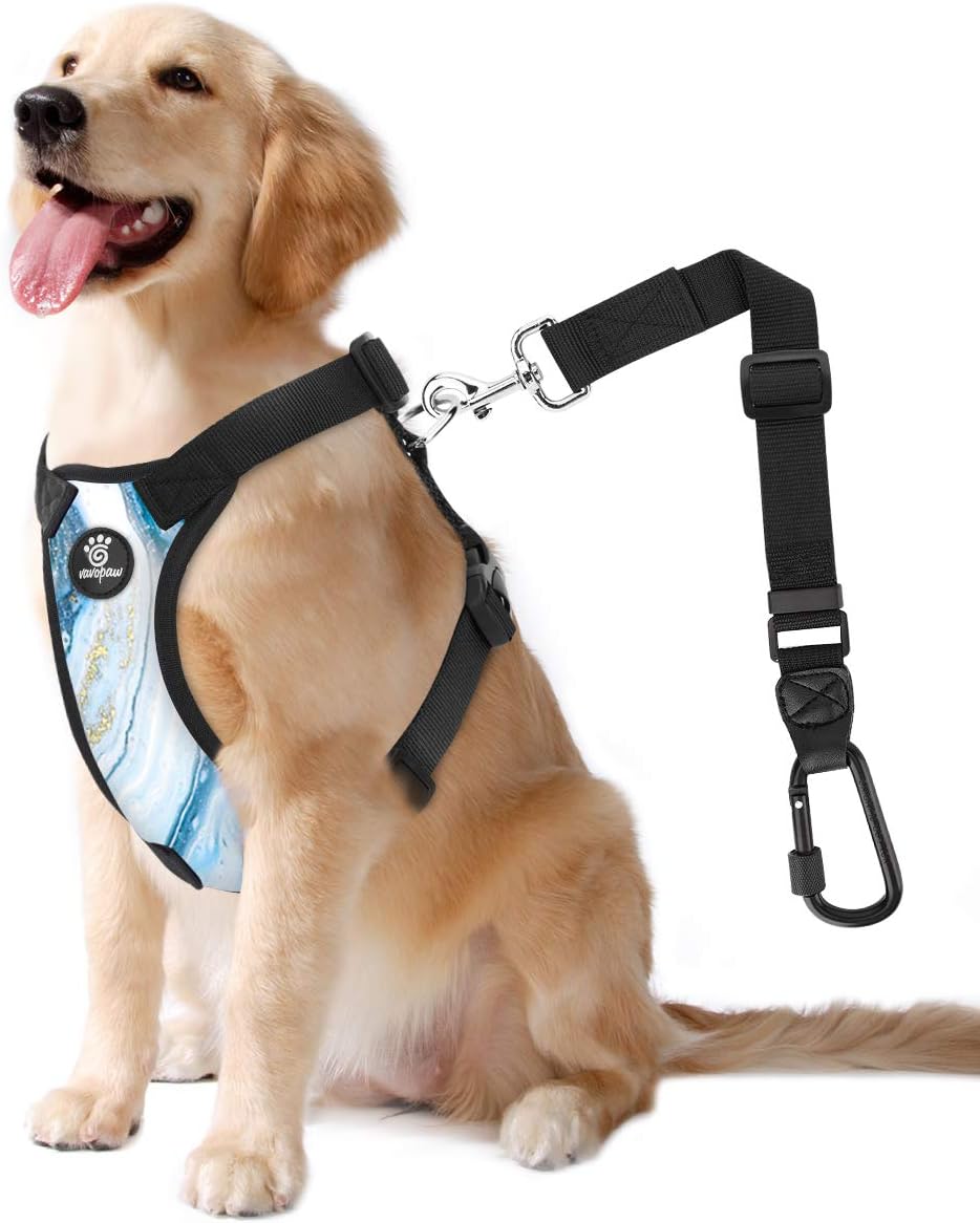 VavoPaw Dog Vehicle Safety Vest Harness, Adjustable Soft Padded Mesh Car Seat Belt Leash Harness with Travel Strap and Locking Carabiner for Most Cars, Size Extra Large, Marble Blue Quicksand