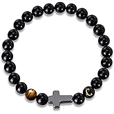 Mens Cross Bead Bracelet with Initials, Christian Rosary Obsidian A-Z Letter Black Onyx Tigers Eye Beaded Bracelet, Faith Religious Easter Catholic Communion Baptism Christmas Jewelry Gift for Men