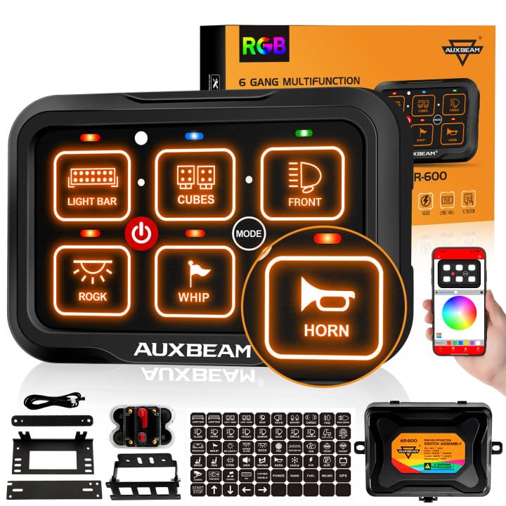 Auxbeam 6 Gang Switch Panel Bluetooth RGB AR-600 with Toggle Momentary Pulsed Modes Multifunctional Switch pod with Manual and Automatic Backlit Control Boat Switch Panel for Truck Car ATV Waterproof Image