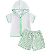 Toddler Baby Boy Girl Swim Cover Up Towel Terry Zipper Hooded Tops Seersucker Gingham Shorts Set Bathing Suit Coverup