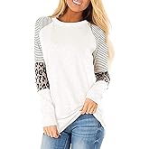 Leopard Print Tops for Women Long Sleeve Crew Neck Patchwork T Shirt Blouse