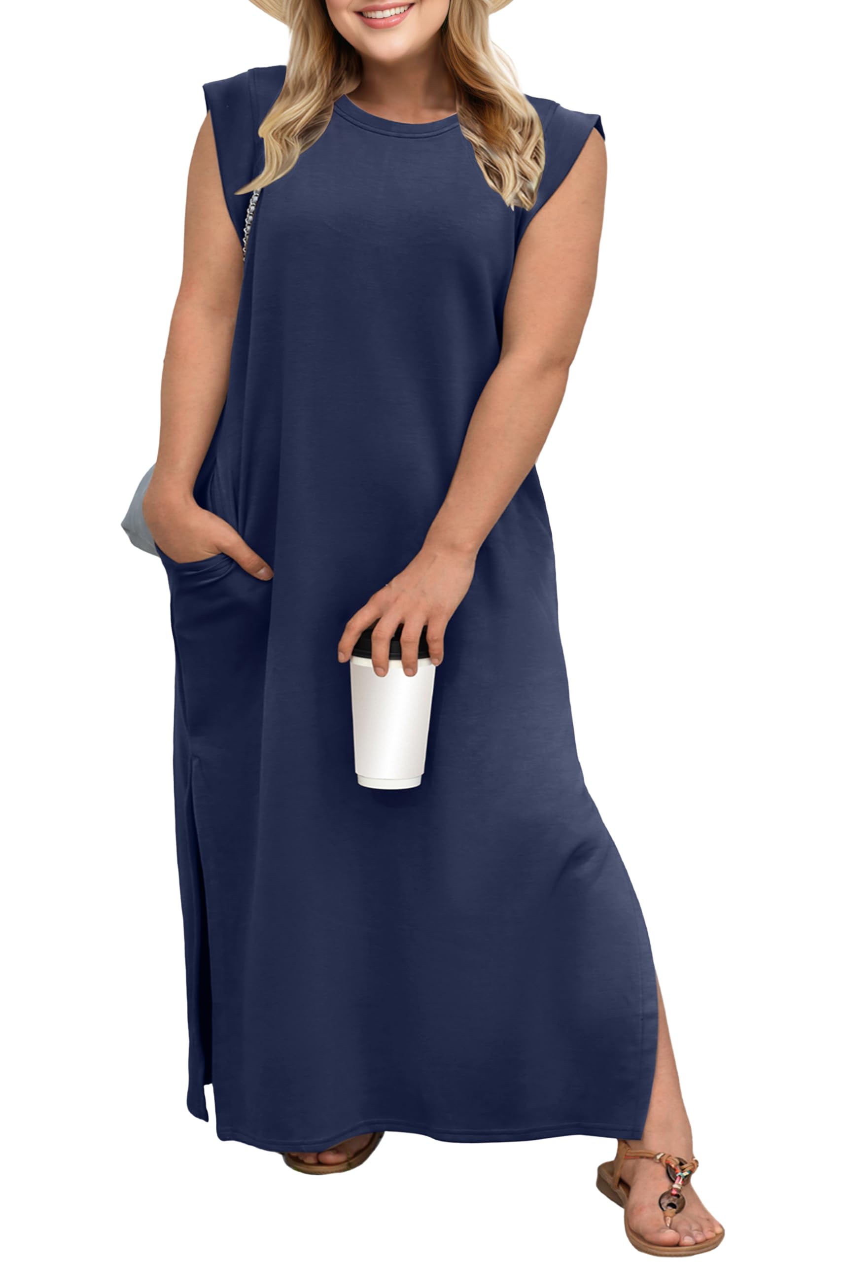 Photo 1 of OLRIK Plus Size Maxi Dress Summer 2025 Round Neck Casual Loose Split Wrinkle-Free Long Sundress with Pockets Navy Blue-3X