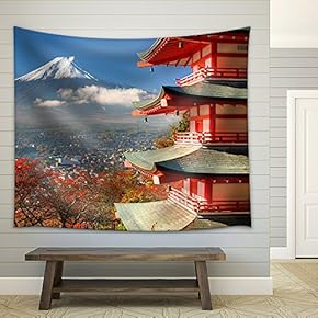Mt. Fuji Viewed from Behind Chureito Pagoda. - Fabric Wall Tapestry Home Decor - 51x60 inches