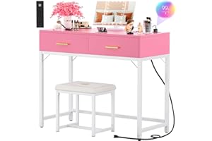 Cyclysio Vanity Desk with Charging Station, Pink Makeup Vanity with Lighted Mirror, Tri-Fold, Small Vanity Set with Drawers and 3 Outlets & 2 USB, 36'' Vanitys with Stool, Girls Vanity, Pink