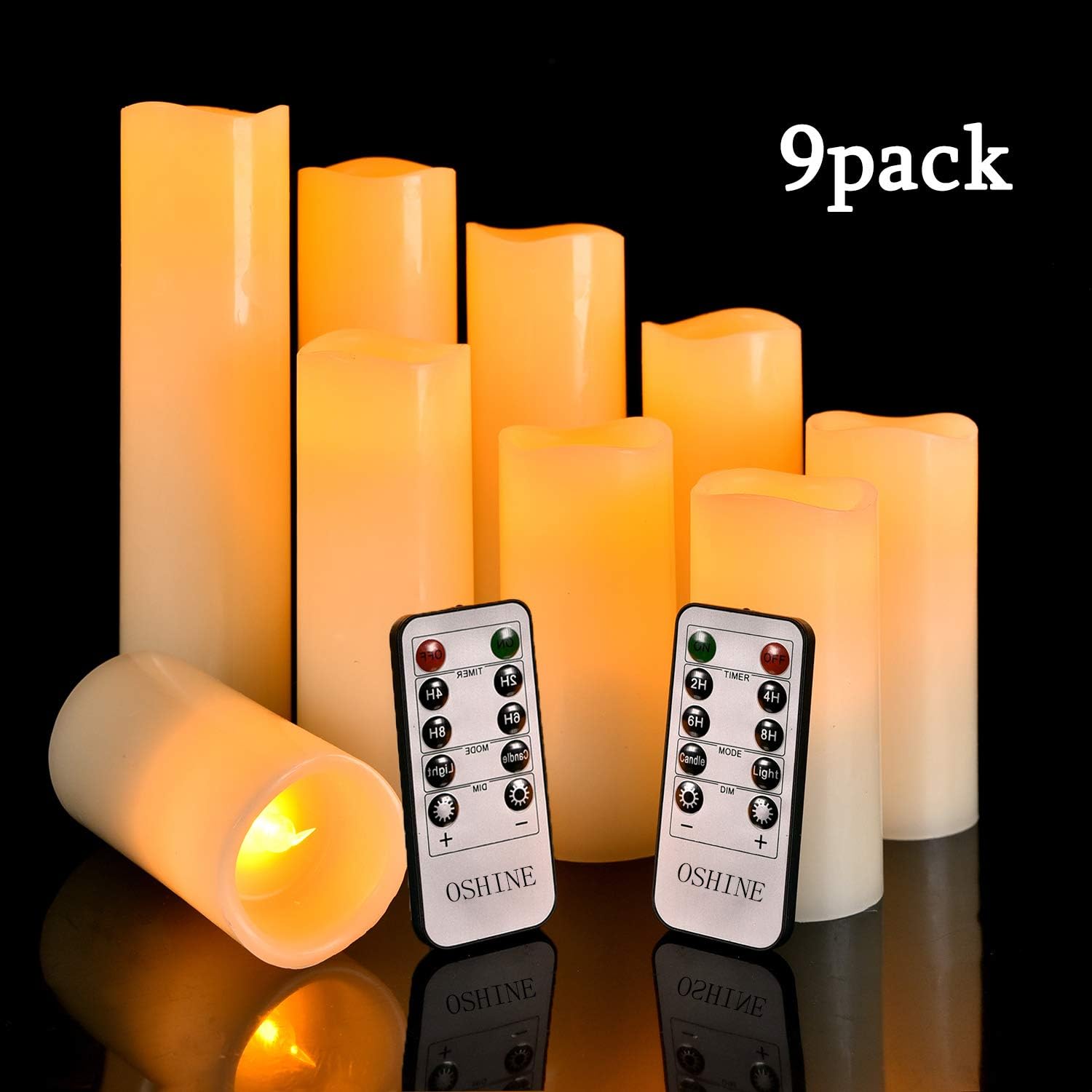 OSHINE LED Candles Flameless Candles (H 4" 5" 6" 7" 8" 9") Set of 9 Real Wax Pillar Flickering Battery Candles With10-key Remote Control Timer 300 Hours(Not Included Batteries)