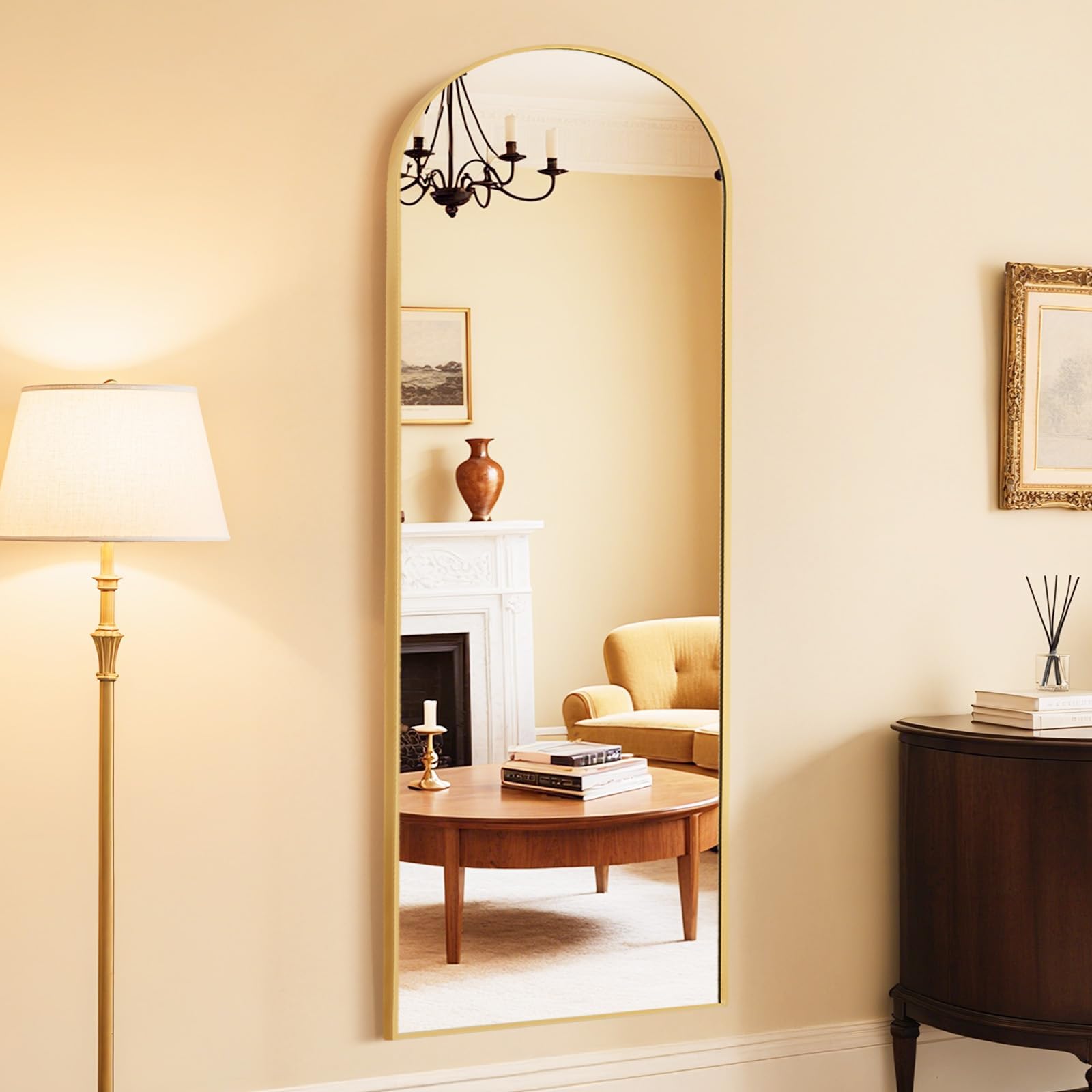 DUMOS Arched Wall-Mounted Full Length Mirror 27"x71" for Bedroom, Full Body Floor Mirror with Stand, Hanging or Leaning for Wall, Gold Image