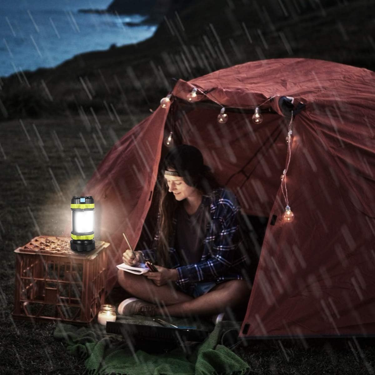 LED Camping Lantern, Rechargeable Portable Lantern Flashlight, 3600mAh Power Bank, Two Way Hook of Hanging, Perfect for Hurricane, Emergency Light, Outdoor Recreations, USB Cable Included (Green) : Sports & Outdoors
