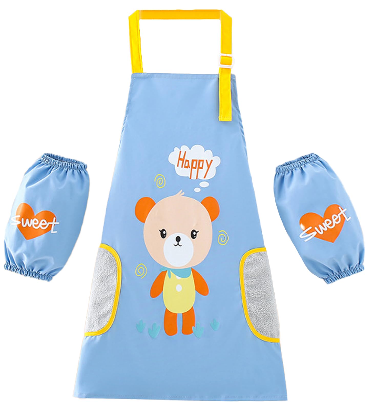 LIMHOO 2-in-1 Kids Art Apron Set Waterproof Graffiti Painting Crafting Apron for Children with Wipe-Clean Coral Fleece Panels (Blue Bear-XL)