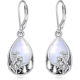 MILKYX Genuine Moonstone Female Knight Horse Trees Earrings for Women,925 Sterling Silver Teardrop Dangling Earrings Vintage Healing Rainbow Gemstone Jewelry for Horse lover