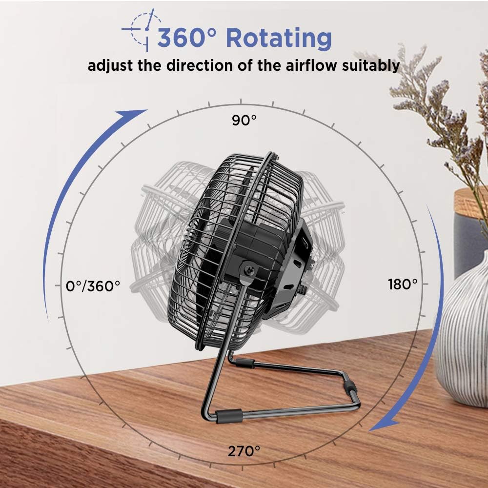 EasyAcc 6 Inch Desktop Table Fan (USB POWERED ONLY) USB Desk Fan with 2 Setting Portable Mini USB Fan for Metal Design Quiet Operation 360° Rotation Personal Cooling Fan for Home Office Desktop-Black: Home & Kitchen
