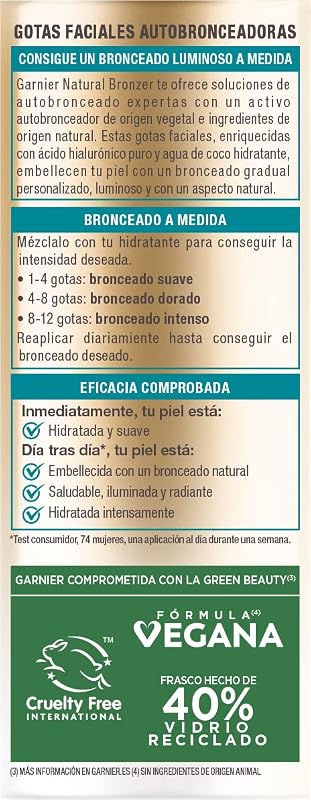 Garnier delial natural bronzer gotas faciais autobronzeadoras com ácido hialurônico e água de coco, 30 ml