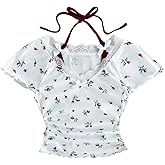 MakeMeChic Girl's Floral Lace Halter Tops V Neck Ruched Short Sleeve Lettuce Trim Cute Tee Shirt