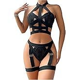 Verdusa Women's 4 Piece Strappy Lingerie Set Cut Out Halter Bra and Thong with Garter