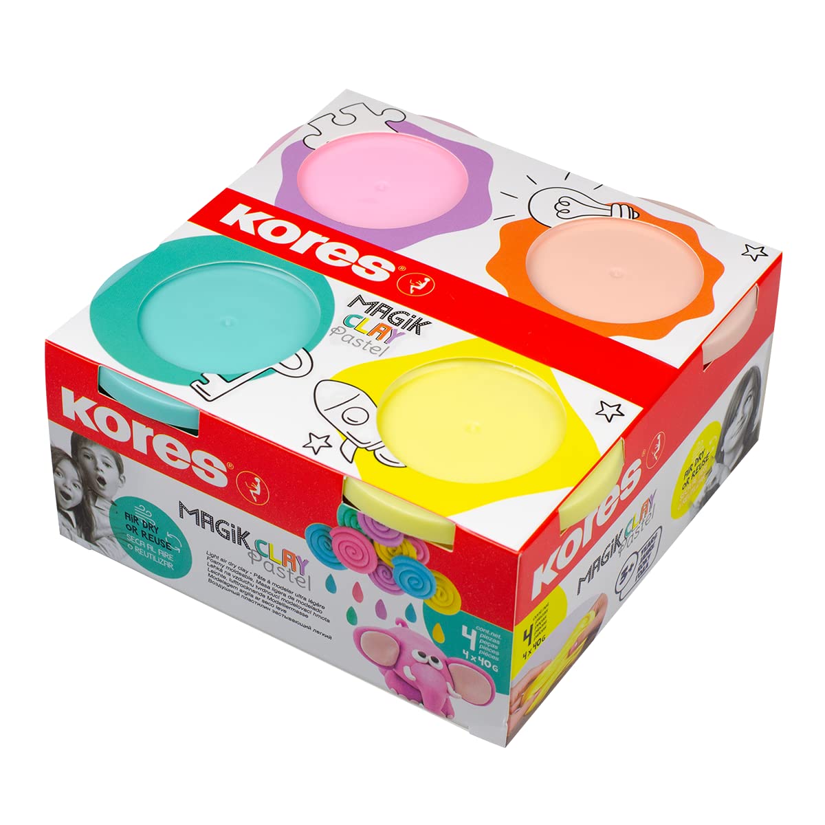 Kores - Magik Clay Pastel - Air Dry Clay - Light, Easily Moldable, No Baking Clay - Air Dry Clay for Kids, Modelling Clay, Air-Dry Clay, Coloured Clay - Set of 4 x 40g