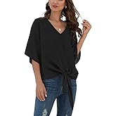 VIISHOW Womens Tie Front Chiffon Blouses V Neck Batwing Short Sleeve Summer Tops Shirts
