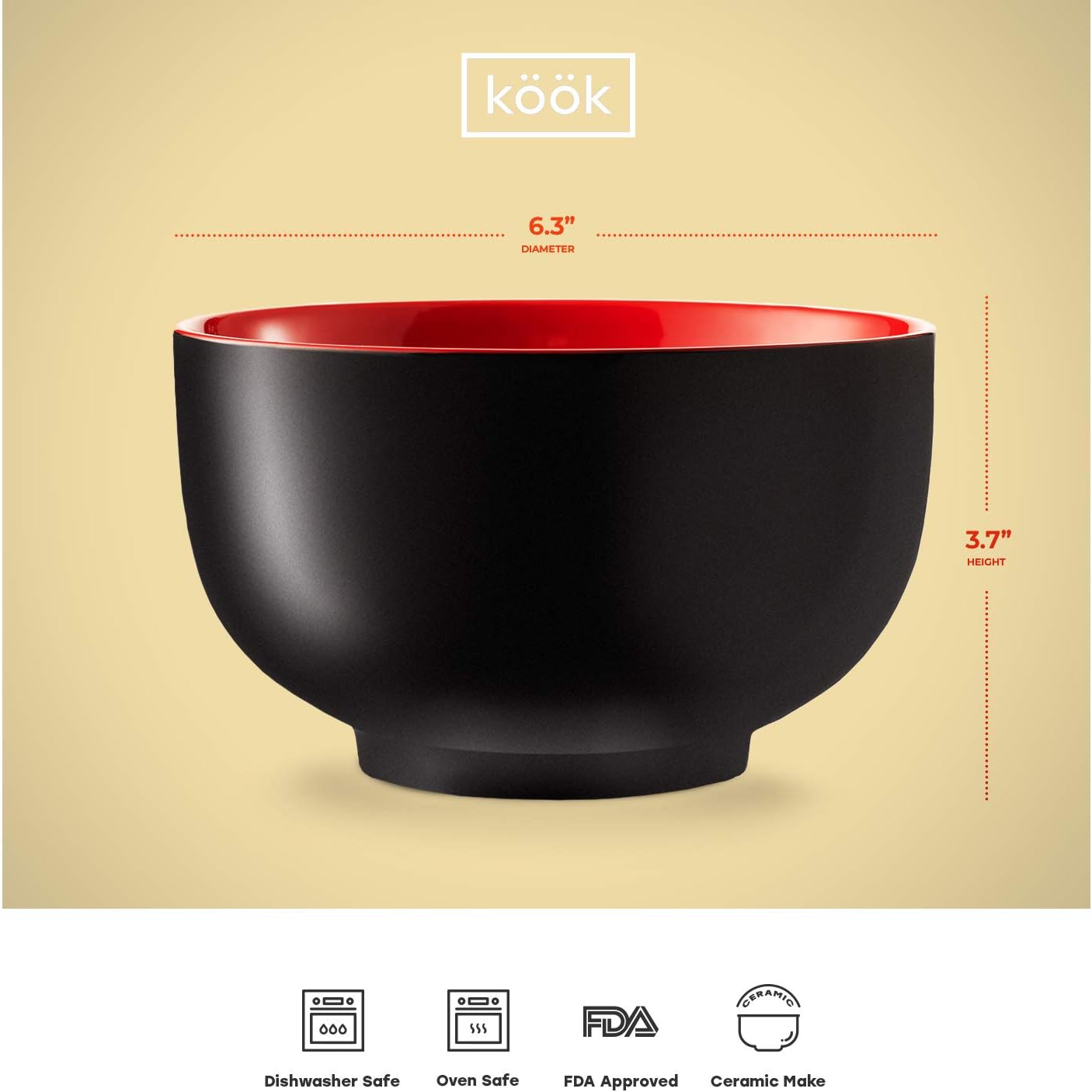 KooK Japanese Ceramic Noodle Bowl, Pho, Ramen, Deep Interior, Black and Red, capacity limit 34 oz - Set of 4: Kitchen & Dining