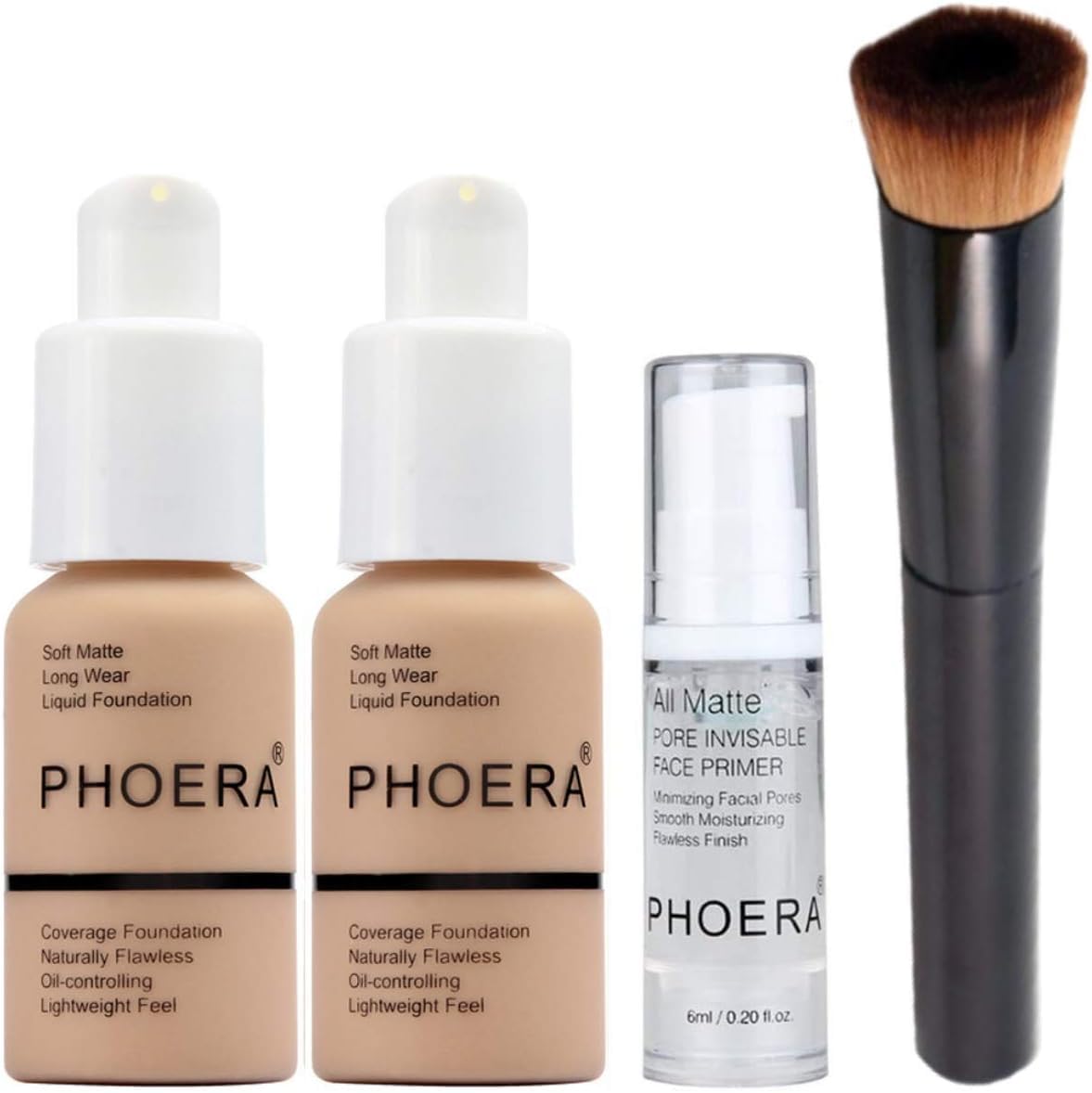 Glamza PHOERA Beauty Set (x2 Warm Peach Matte Foundation, Face Primer & Liquid Brush)