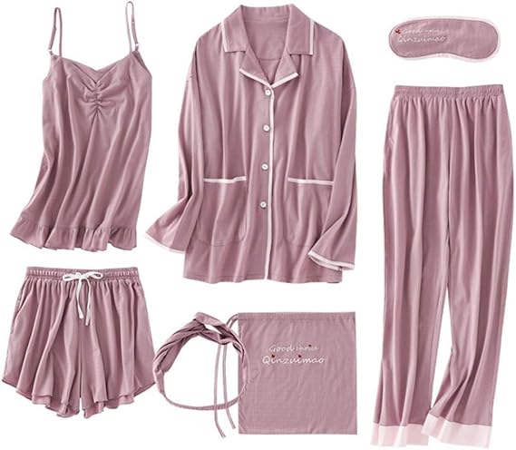 Amazon リボン 可愛い パジャマ ルームウェア 寝巻き 長ズボン レディース パープル 綿100 長袖 前開き ルーム 部屋着 7点セット 可愛い 春 夏 上下セット 春夏 キャミソール パンツ ズボン ナイトガウン 抜け感 セクシー パジャマ Xl パジャマ ルームウェアセット