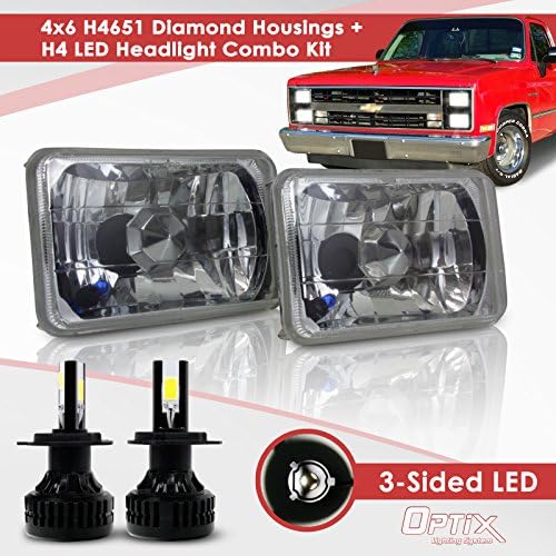 4x6 Inch Sealed Beam Headlight Conversion - fits H4651 H4652 H4666 H4656 - Clear Glass Diamond Cut Housing + H4 LED Kit 6000K Cool White 8000 LM