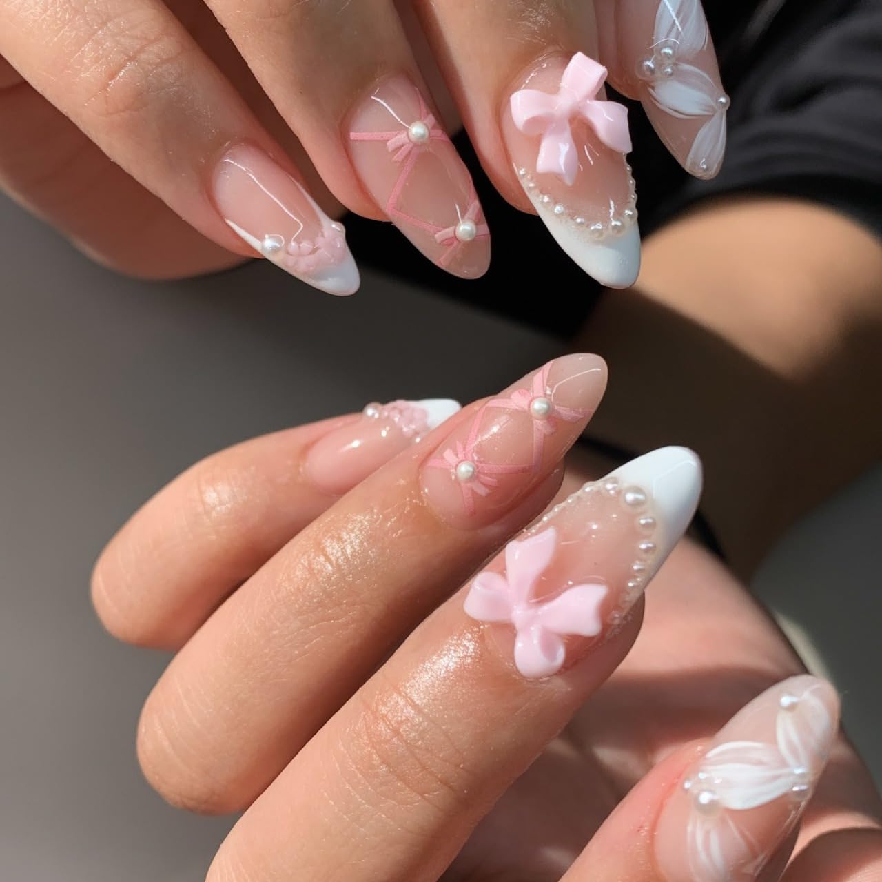 SXVME White French Tip False Nails Medium Almond, 24 Pcs Press On Nails with Pearl Bow Design Full Cover Cute Acrylic Fake Nails