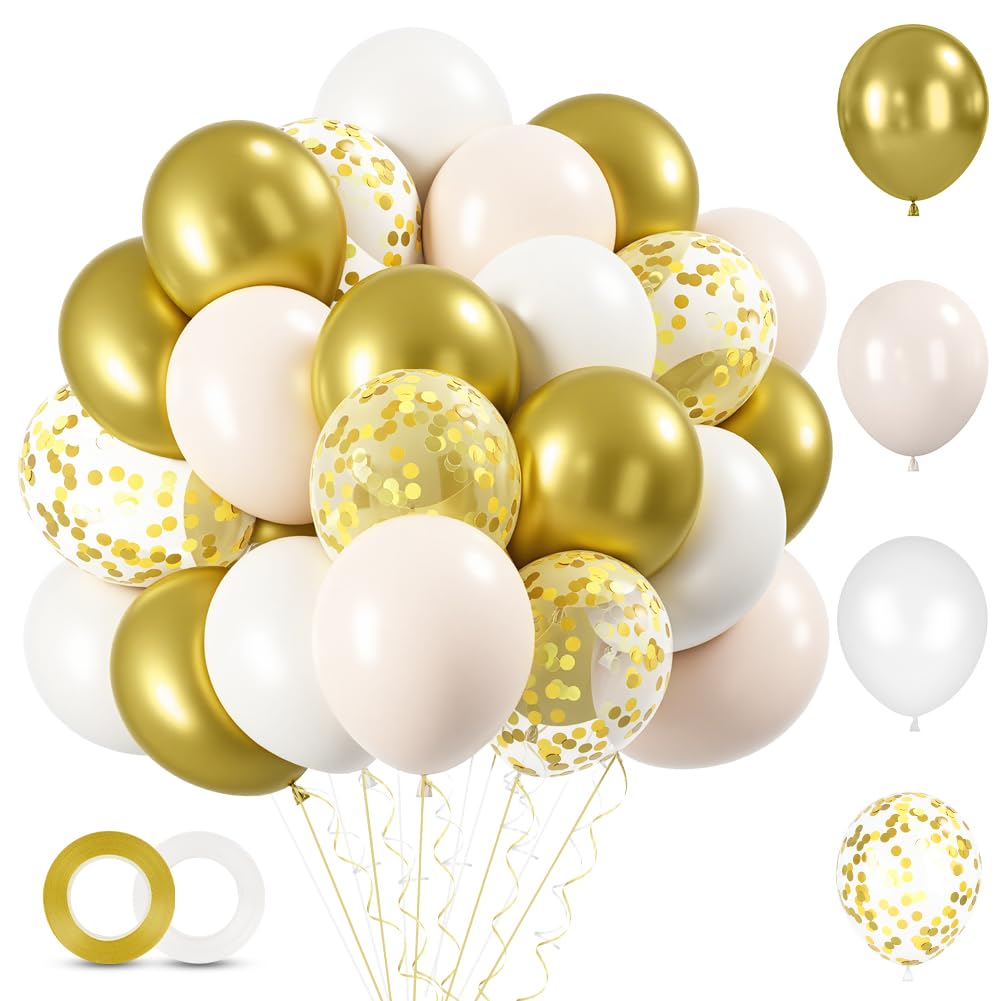 Alaoo White Gold Balloons, 60pcs Balloons Set with Golden Confetti Balloon, Beautiful Balloon for Graduation Birthday Wedding Party Decorations, White Gold — image 1