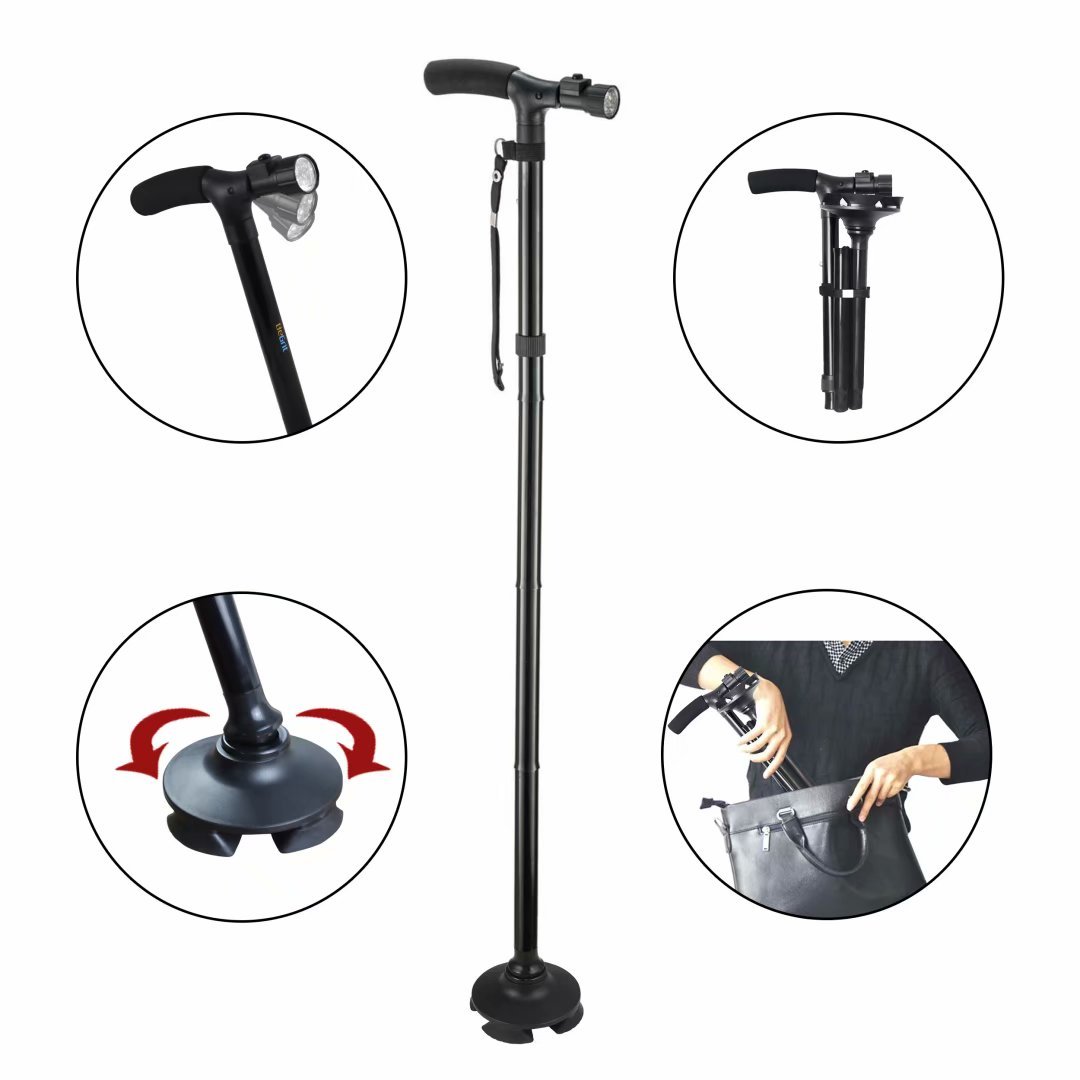 BeGrit Folding Cane Walking Stick - Adjustable Height Lightweight Collapsible Walking Cane with LED Light Non Slip for Men and Women