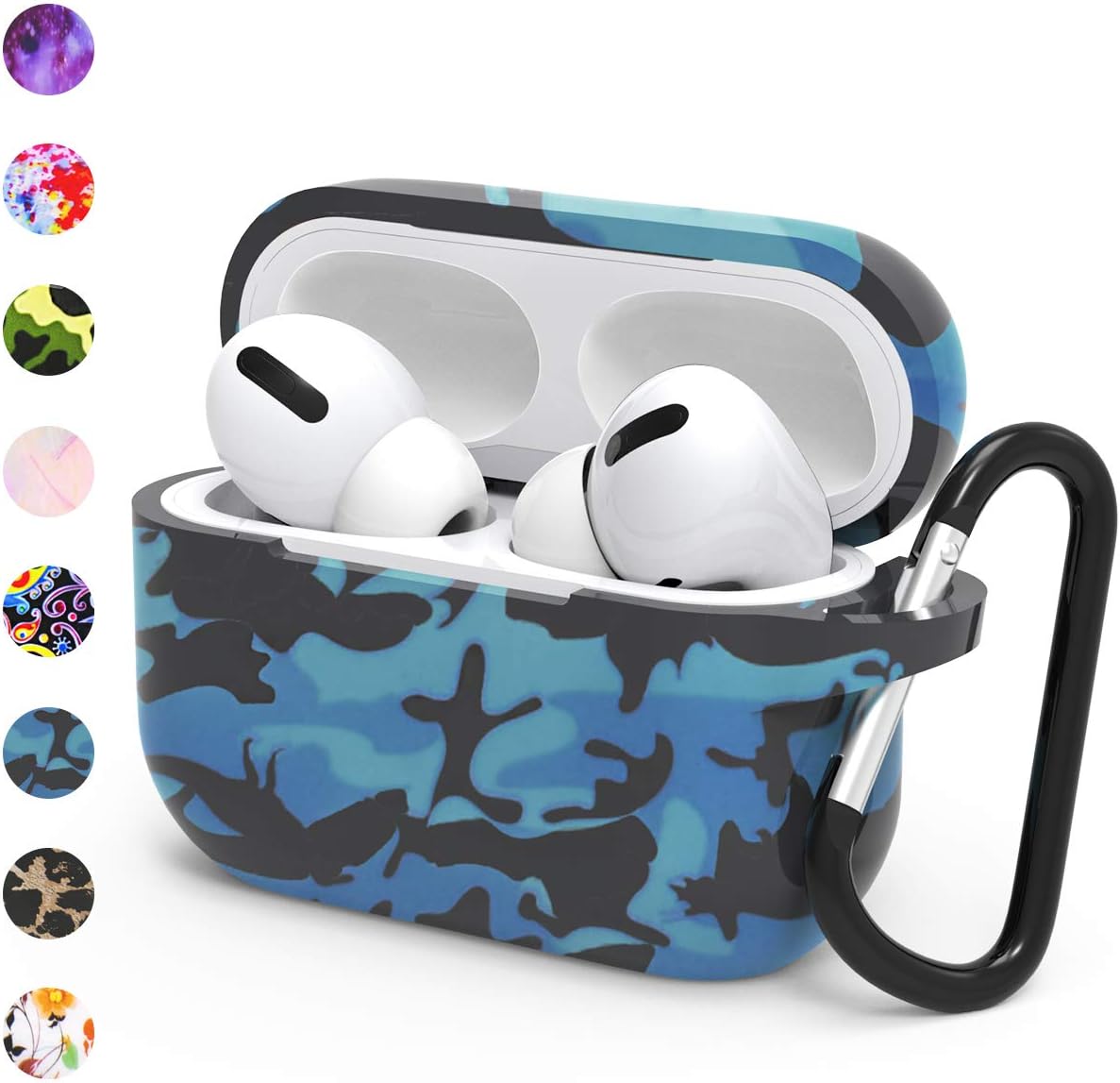 HUMENN Protective Cover Compatible with AirPods Pro Case, Soft Silicone Fadeless Pattern Printed Case Cover for Airpods pro 2019 [Front LED Visible] with Carabiner(Blue Camouflage)