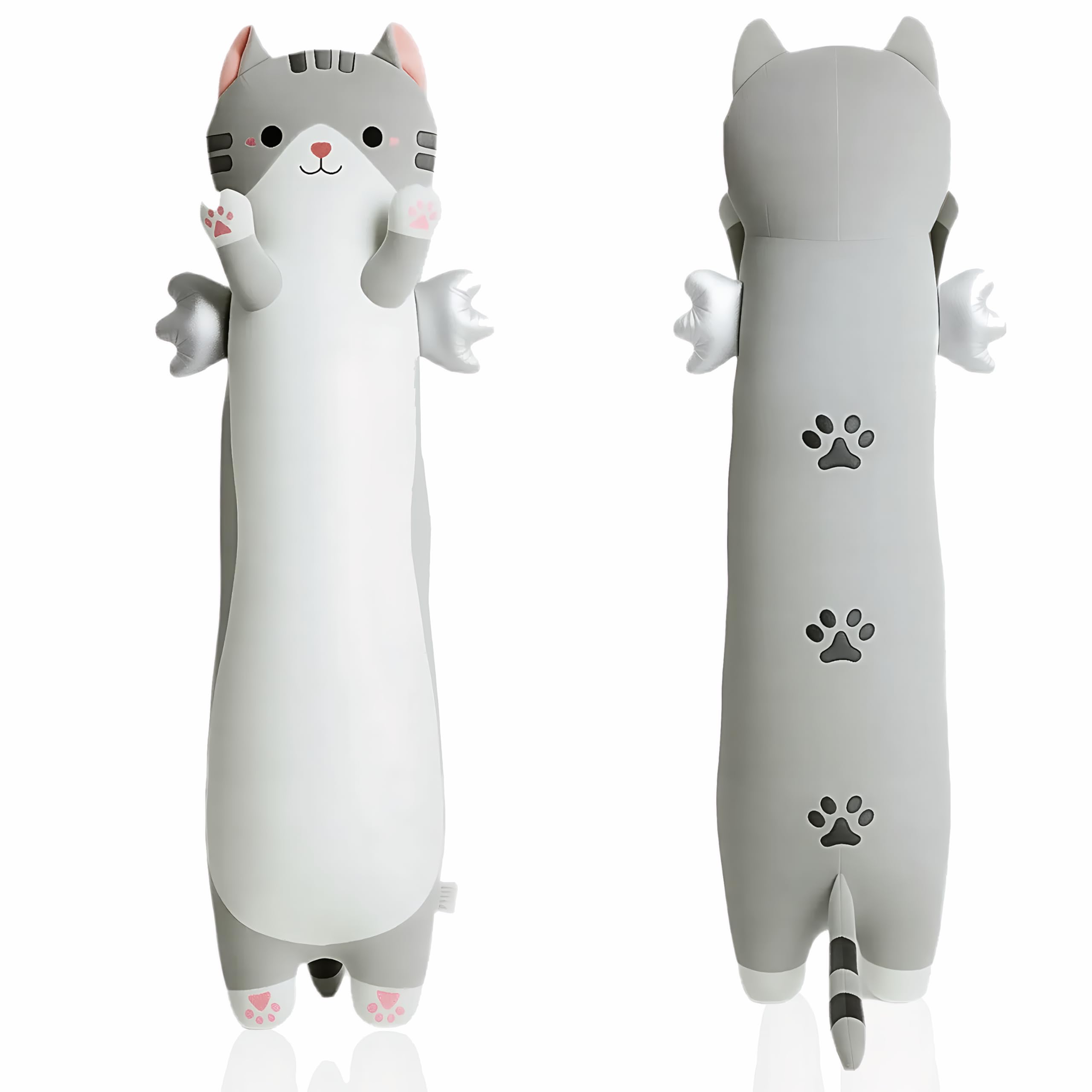 ZOMAXTOY Long Cat Plush Pillow with Wings Soft Kitty Stuffed Animal Toy Giant Cuddly Kitten Cushion for Kids Adults Bedroom Decor (Gray, 90cm/35.43in)