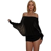AMPOSSTO Women's Sexy Sheer Off The Shoulder Mini Blouse Dress Loose Fit Batwing Long Sleeve Ruched Bodycon Dresses