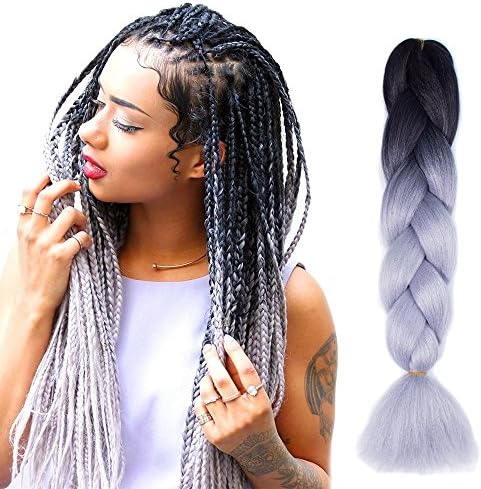 WIGENIUS Jumbo Braids Hair Extensions Black Silver Gray Color 10PCS/Lot 24 Inches 100g/pc Kanekalon Fiber for Twist Braiding Hair(10pcs,Black/Silver Gray)